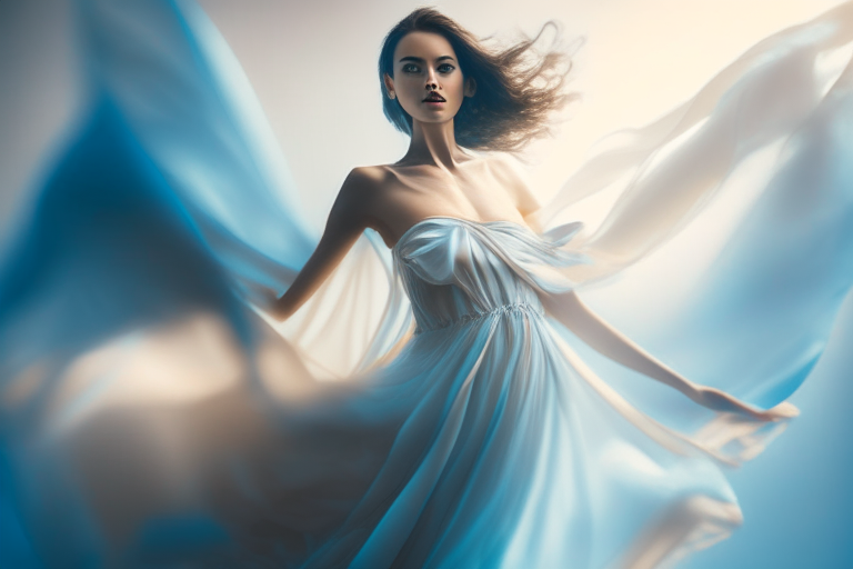 Miss World in a soft chiffon fabric dress, with a perfect figure, standing in a wide shot with high-key lighting, surrounded by a light sky-blue and light bronze color palette, and a cinematic still with bokeh and insane details, photographed by a Fujifilm XT-4 camera, using octane render and abstraction-creation techniques, winning photography awards.