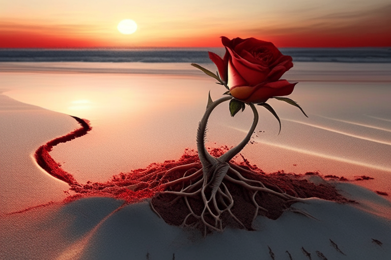 a red rose on a white sand beach with roots at sunrise