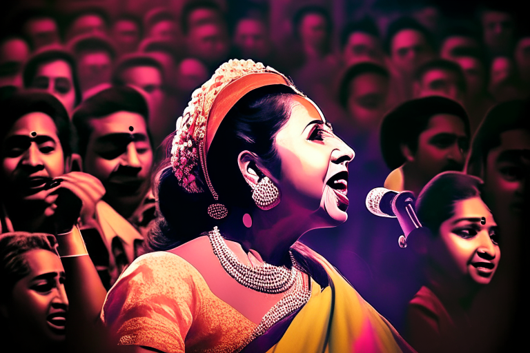 Asha Bhosle singing at a concert with a lively crowd in the background