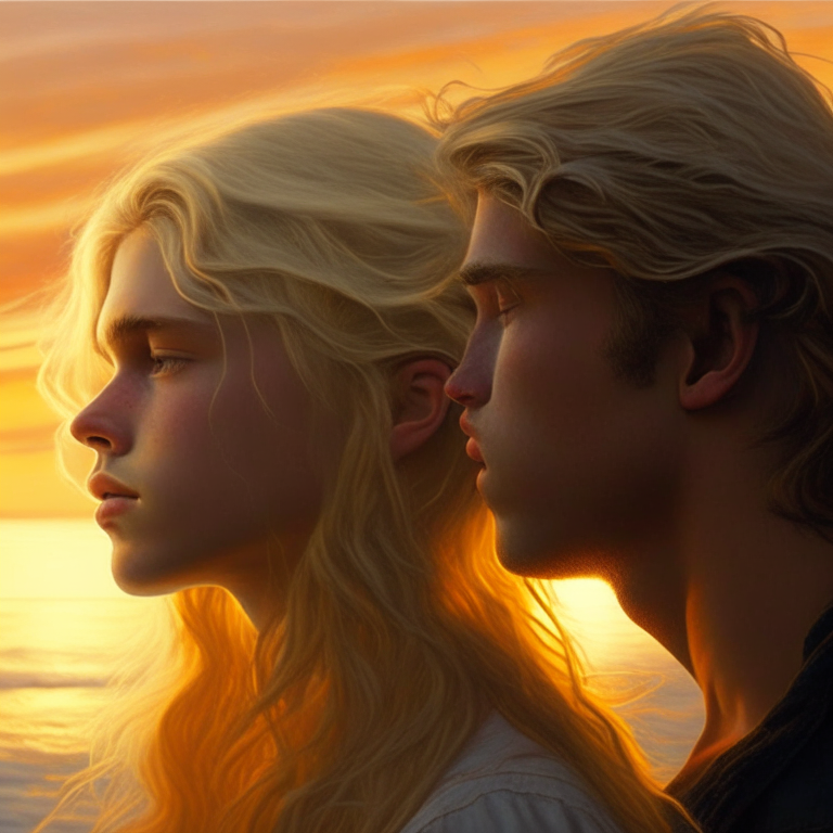 la cabeza de una joven rubia de pelo largo besando el amanecer