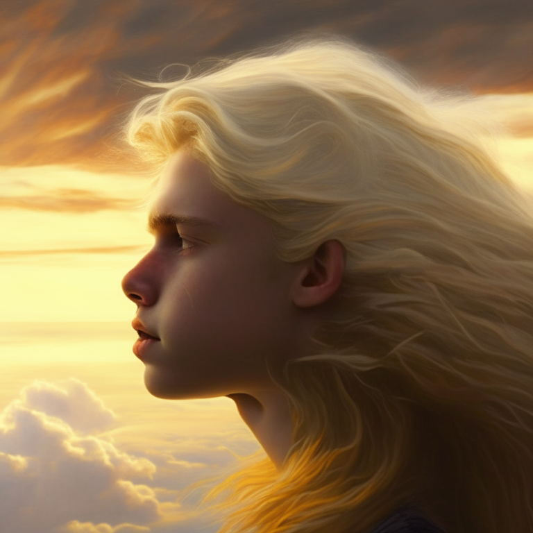 solo una cabeza de una joven rubia de pelo largo en el amanecer con nubes tormentosas