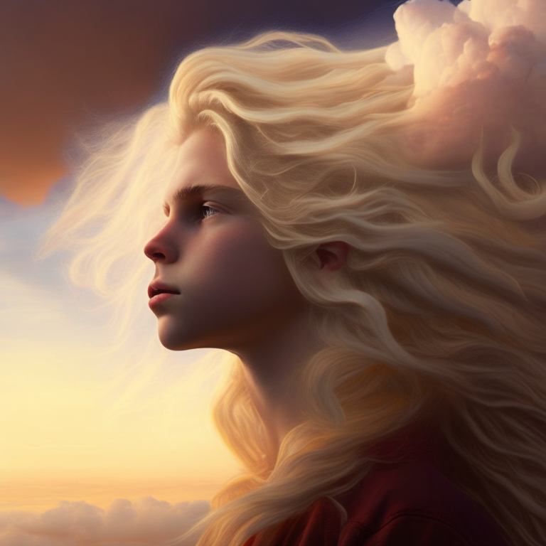 solo una cabeza de una joven rubia de pelo largo con una rosa con raices en el amanecer con nubes tormentosas
