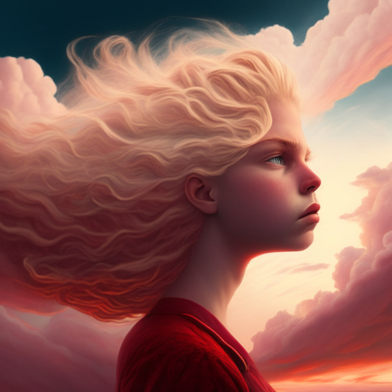 solo una cabeza de una joven rubia de pelo largo con una rosa roja con raices en el amanecer con nubes tormentosas