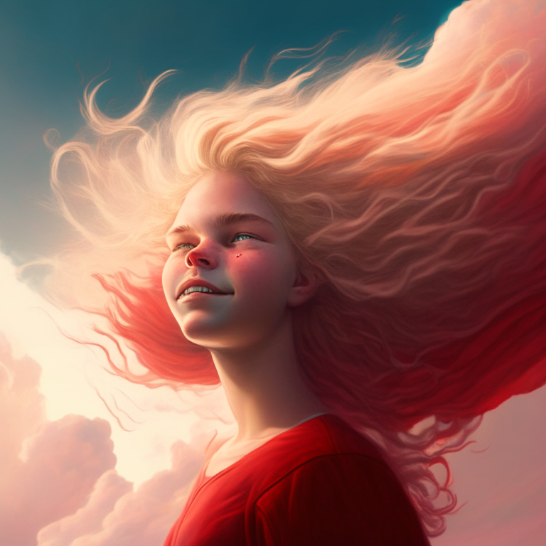 solo una cabeza de una joven rubia de pelo muy largo, sonriente, con una rosa roja con raices, en el amanecer con nubes tormentosas