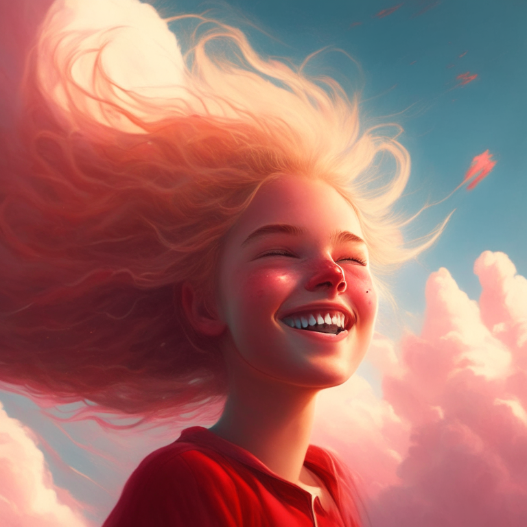 solo una cabeza de una joven rubia de pelo muy largo, sonriente, con una rosa roja en la oreja, en el amanecer con nubes tormentosas en el cielo