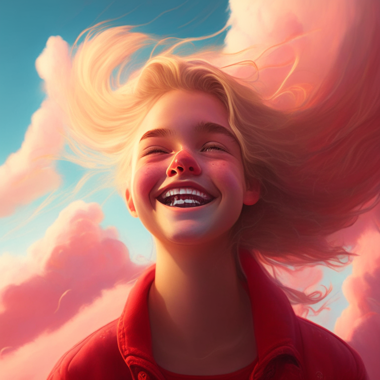 solo una cabeza de una joven rubia de pelo muy largo fotorealista, sonriente, con una rosa roja en la oreja, en el amanecer con nubes y relampagos tormentosos en el cielo
