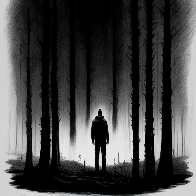 a pencil sketch of a figure standing alone in front of a vast, dark forest