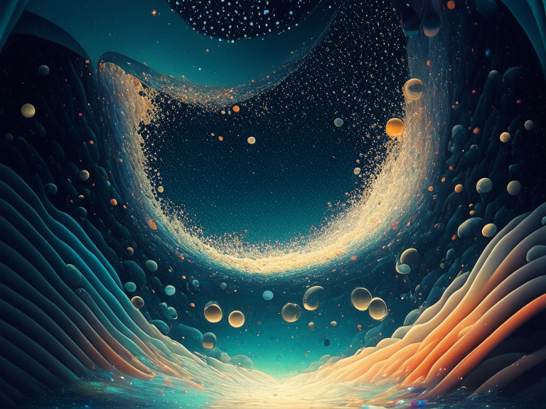 A sea of knowledge, with a multitude of questions and needs floating like stars in the vast expanse. The questions and needs are represented by colorful bubbles, each containing a different piece of information.