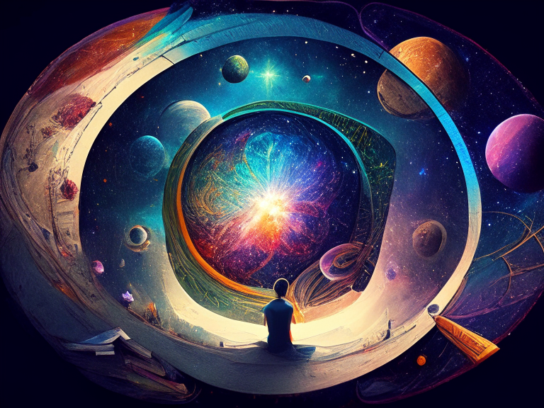 A universe of knowledge and information, with endless possibilities and opportunities waiting to be explored. The universe is represented by a colorful map, with different regions representing different fields of knowledge.