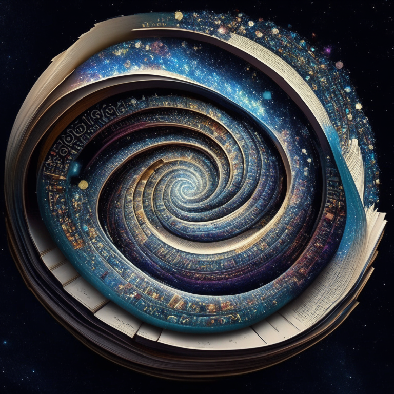 A world of information and data, with a galaxy of knowledge and wisdom at your fingertips. The galaxy is made up of books, each containing a different piece of information. The books are arranged in a spiral pattern, representing the infinite possibilities of knowledge.