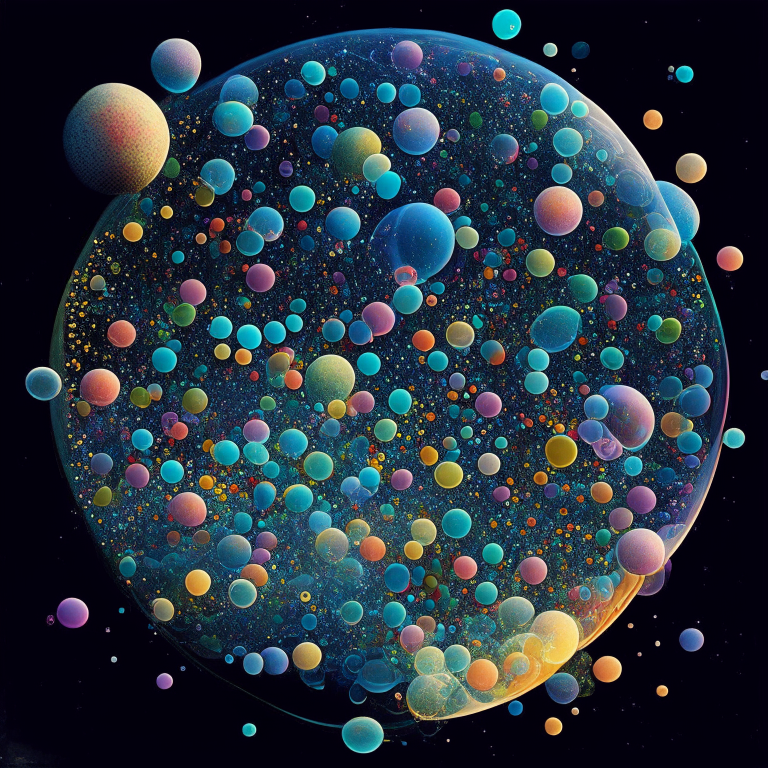 A sea of knowledge, with a multitude of questions and needs floating like stars in the vast expanse. The questions and needs are represented by colorful bubbles, each containing a different piece of information. The bubbles are connected by lines, forming a web of knowledge.