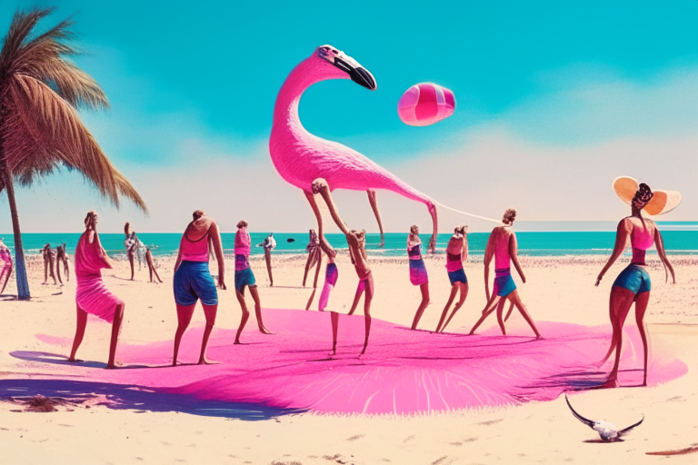 a group of people playing beach volleyball on a sun-kissed beach with a giant pink flamingo that stands on the sand hitting the ball near the net