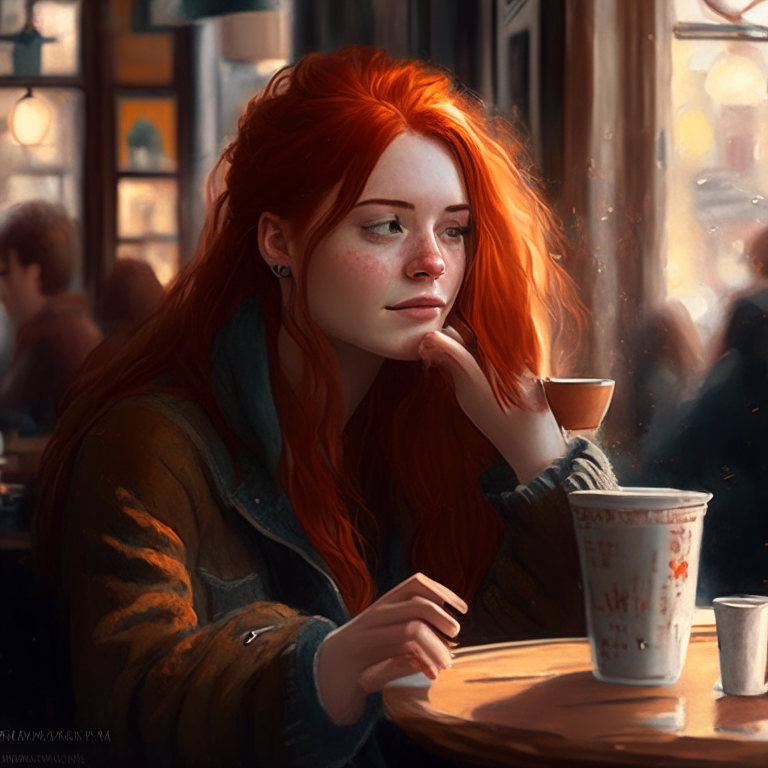 a young woman with auburn hair drinking coffee in the cozy atmosphere of a bustling café