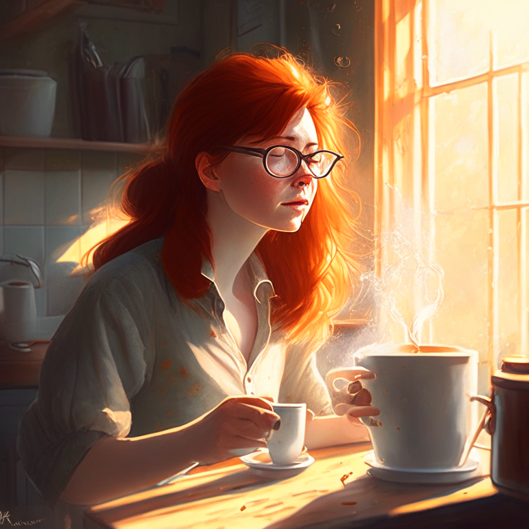 a young woman with auburn hair and glasses taking a moment to herself, sipping her steaming cup of freshly brewed coffee in her sunlit kitchen