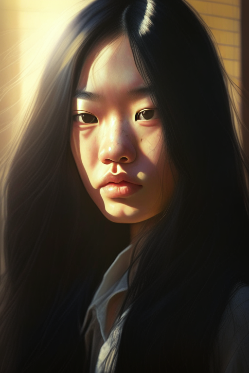 portrait of a 21-year-old Chinese girl in school, with long black hair, in sunlight, with insane detail and smooth light