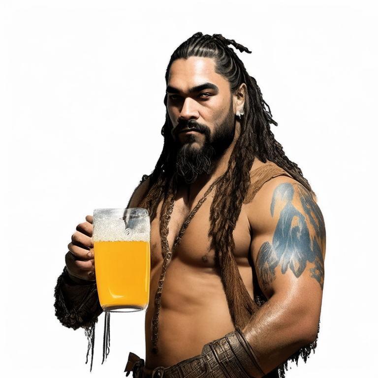 Jason Momoa dressed as Khal Drogo drinking a mimosa, isolated on a white background