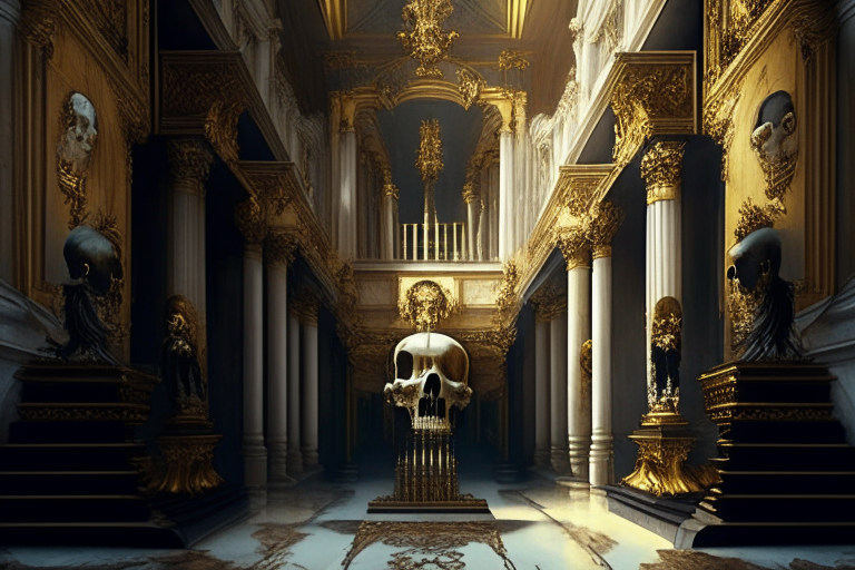 a magnificent baroque palace hall filled with golden statues of skulls and paintings of skulls, a beautiful staircase, Renaissance paintings, marble columns, high plants, and large windows