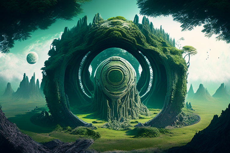 a beautiful alien planet crater with a huge fractal monolith created from multiple concentric circles, overgrown with moss, huge statues, trees, mountains, and explorers