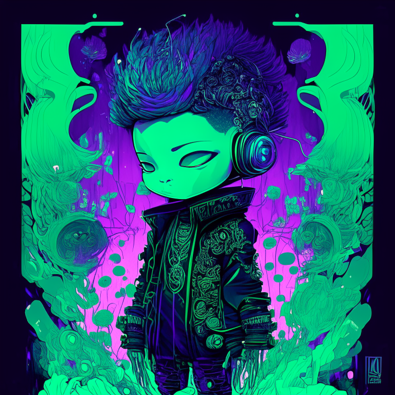 an incredible chibi DJ portrait by Victo Ngai and Kilian Eng, vibrant green and black, anime style, winning-award masterpiece, fantastically gaudy, aesthetic octane render inspired in Beksinski and Dan Mumford work, with colors purple and teal