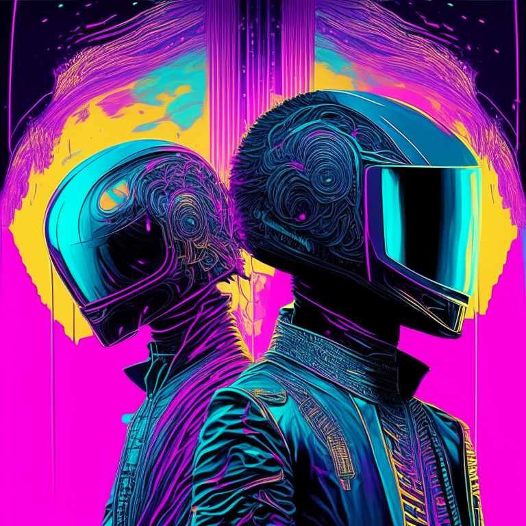 an incredible Daft Punk portrait by Victo Ngai and Kilian Eng, vibrant colors, winning-award masterpiece, fantastically gaudy, aesthetic octane render inspired in Beksinski and Dan Mumford work, with colors purple and teal