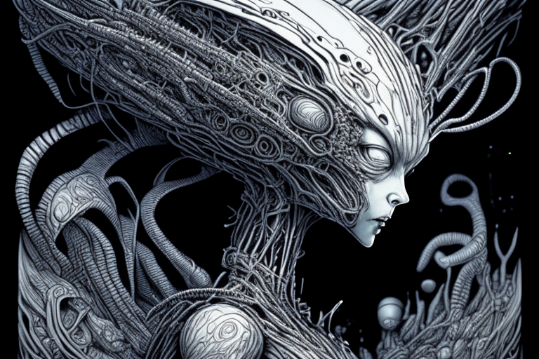 a frontview 3D rendering of an alien in a spaceship with robotic features, queen of mushrooms, fantasy pen and ink, intricate line drawings, by Yoshitaka Amano, Ruan Jia, Kentaro Miura, Artgerm, detailed, trending on Artstation, HD, masterpiece