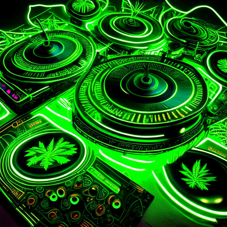 Psychedelic DJ Turntables surrounded by neon green and black sine waves and reggae symbols. The turntables feature intricate neon green and black patterns inspired by the psychedelic style, and the base of the turntables is adorned with reggae symbols such as green and black cannabis leaves. The turntables are surrounded by a bright and vibrant light show, featuring bright green and black lights and sine waves pulsing in the background.