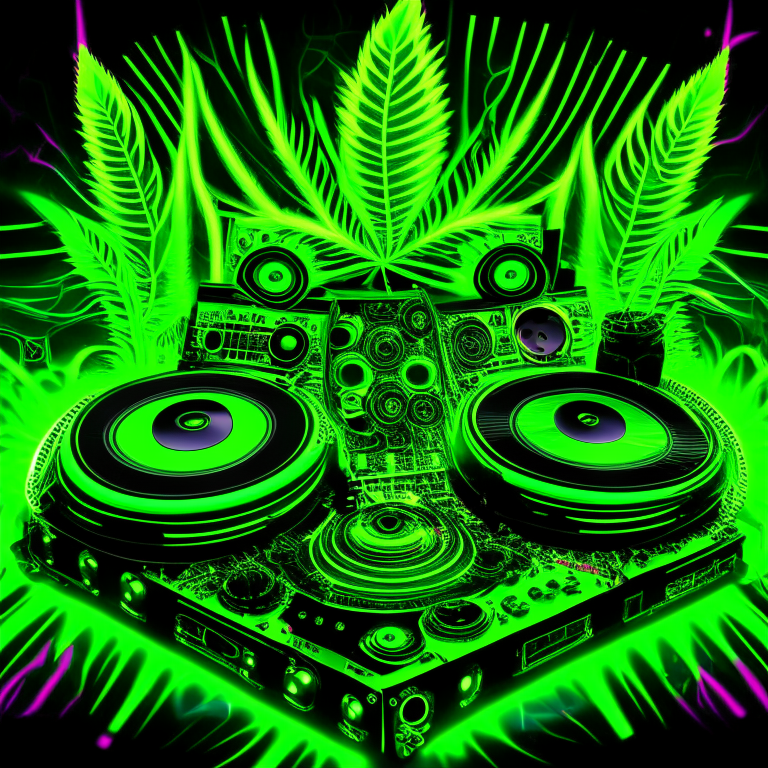 Psychedelic Reggae DJ Equipment featuring a vibrant neon green and black color scheme. The design showcases a DJ mixer, with intricate neon green and black details and patterns inspired by the psychedelic style. The mixer is surrounded by reggae symbols, such as green and black cannabis leaves, and the shapes of turntables. The background features a vibrant and colorful aurora borealis-style light show, with bright green and black lights and sine waves pulsing in the background.