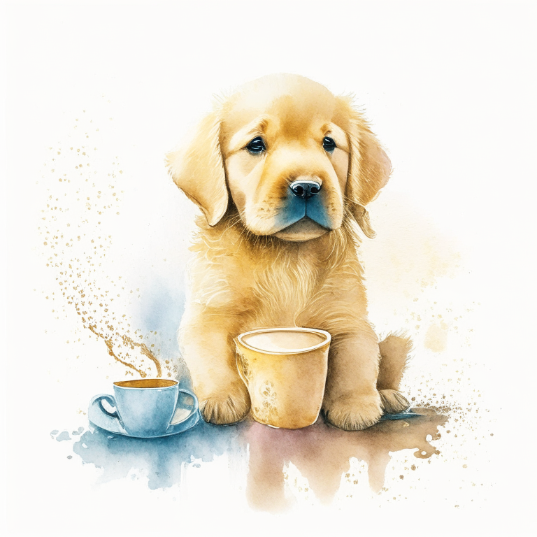 a Golden Retriever puppy drinking a latte with heart-shaped art, painted in watercolor style