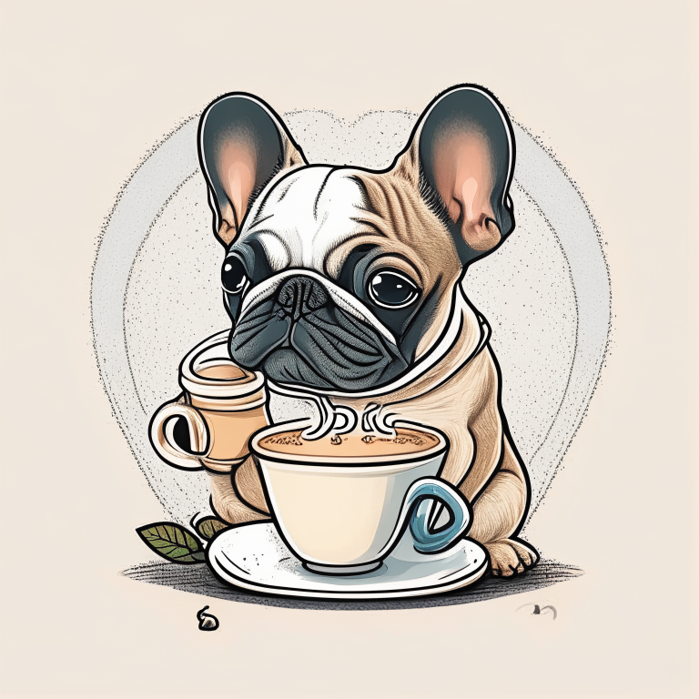 a French Bulldog puppy drinking a latte with heart-shaped art, drawn in a cartoon style