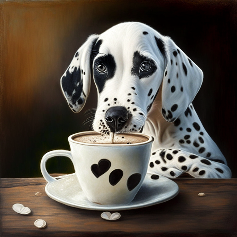 a Dalmatian puppy drinking a latte with heart-shaped art, painted in oil style