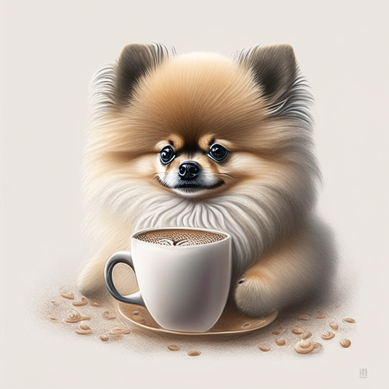 a Pomeranian puppy drinking a latte with heart-shaped art, drawn in a realistic style