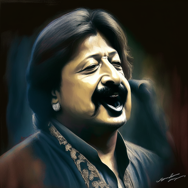 a portrait of Pankaj Udhas singing