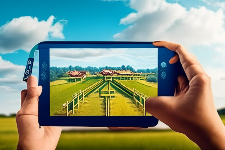 a person holding a tablet in front of a field with traditional Chinese architecture in the background and a Chinese dragon flying in the sky