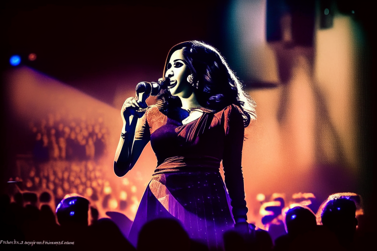 Shreya Ghoshal singing on stage in a concert hall with a large audience