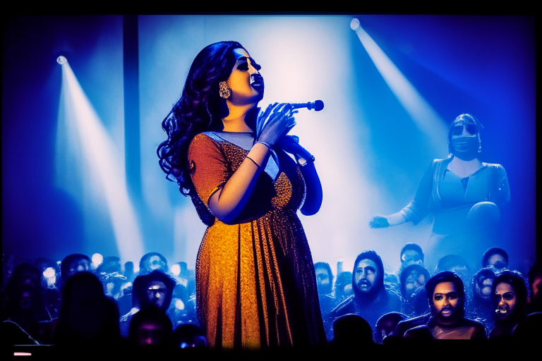 Shreya Ghoshal singing on stage in a concert hall with a large audience