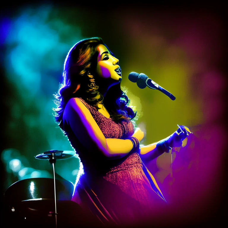 Shreya Ghoshal singing on stage with a normal background