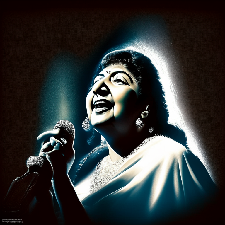 Lata Mangeshkar singing with a flash light on her