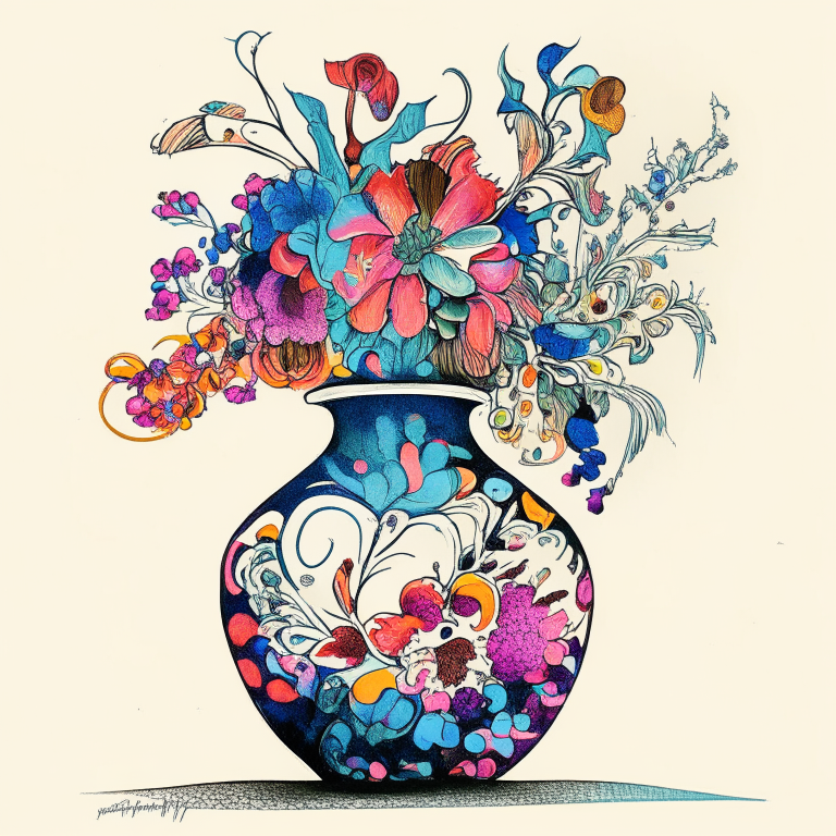 an abstract drawing with many colors, based on a vase with flowers in it