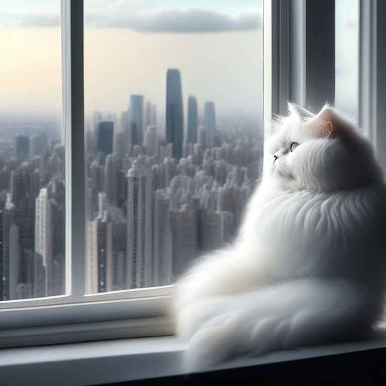 a fluffy white Persian cat sitting on a windowsill, looking out at the city skyline