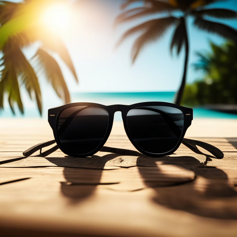 a pair of stylish black sunglasses sitting on a wooden table in front of a tropical beach scene