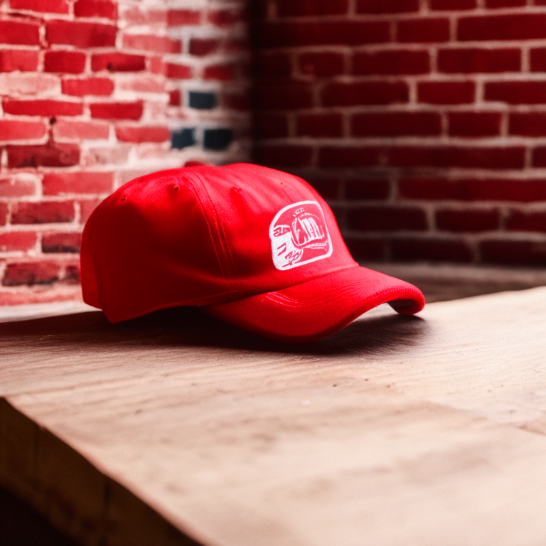 a bright red baseball cap with a white logo on the front, sitting on a wooden table in front of a brick wall