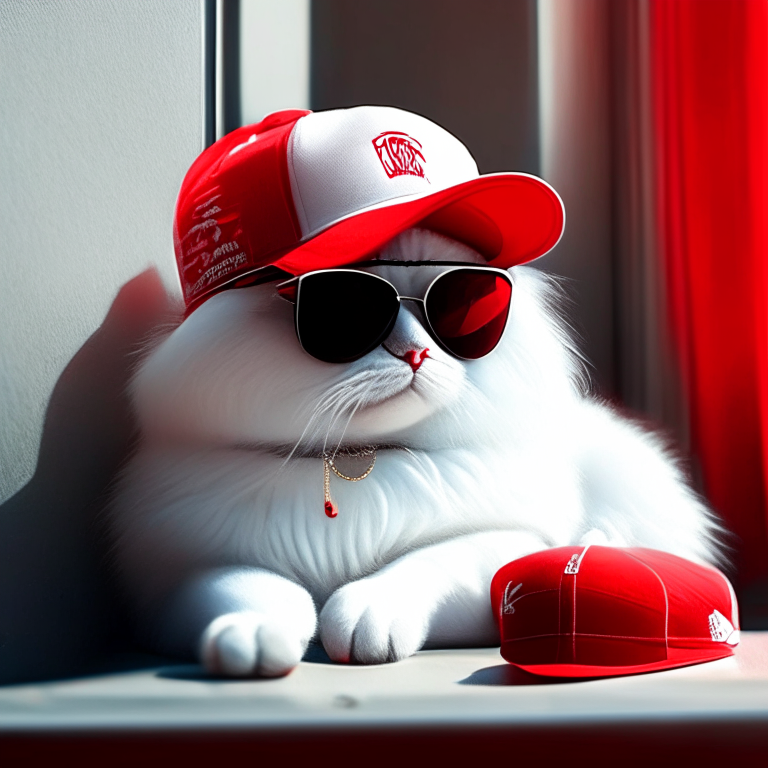 a white Persian cat sitting on a windowsill, wearing a pair of stylish black sunglasses and a bright red baseball cap with a white logo on the front