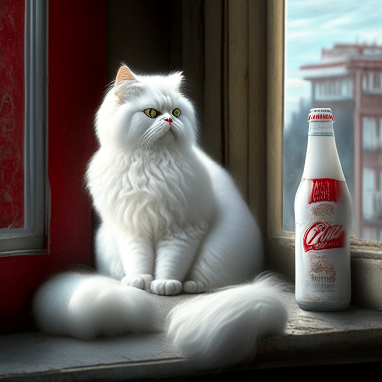 a white Persian cat sitting on a windowsill, with a bottle of Coca Cola in front of it