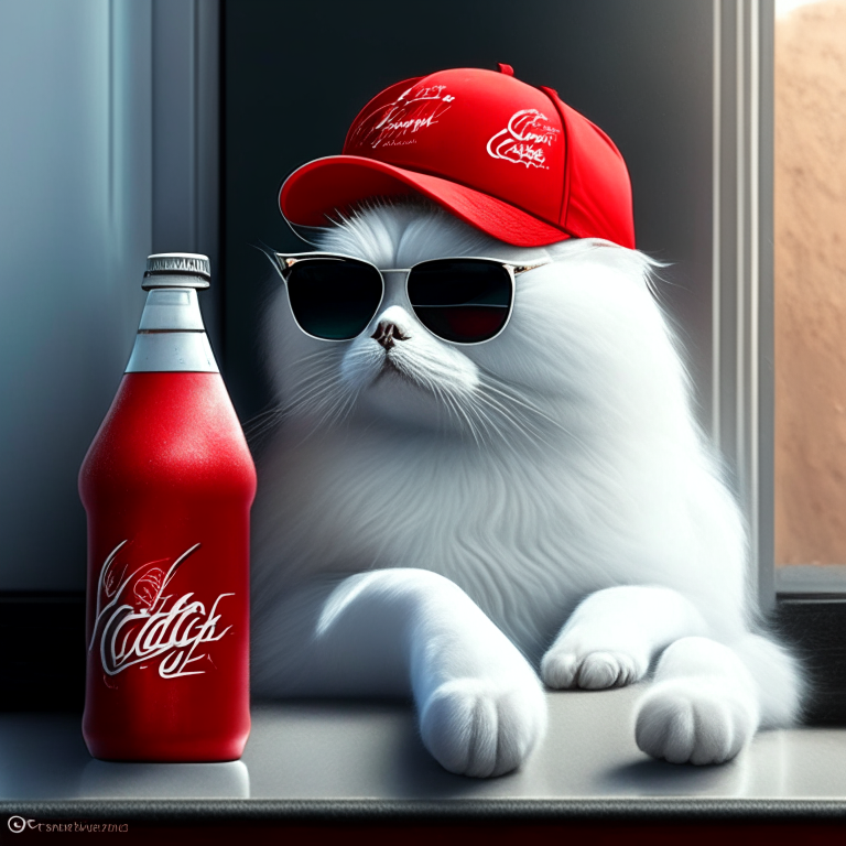 a white Persian cat sitting on a windowsill, wearing a pair of stylish black sunglasses and a bright red baseball cap with a white logo on the front, with a bottle of Coca Cola in front of it