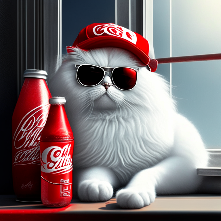 a white Persian cat sitting on a windowsill, wearing a pair of stylish black sunglasses and a bright red baseball cap with a white logo on the front, with a bottle of Coca Cola and a straw in front of it