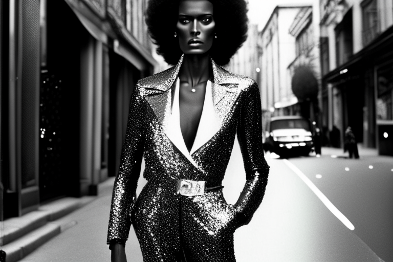 a black fashion model wearing a silver glitter blazer outfit, standing in Rue Aubriot in 1975, in the style of Helmut Newton