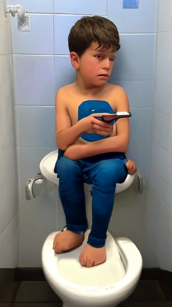 a young boy sitting on a toilet holding a cell phone in the style of Paul Cézanne