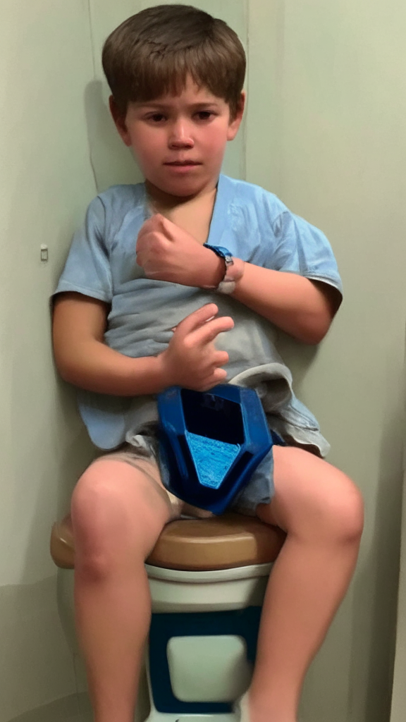 a young boy sitting on a toilet holding a cell phone in the style of Paul Cézanne