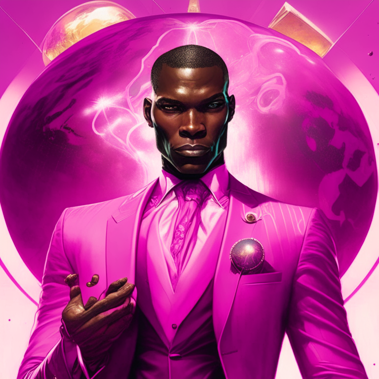 a confident black man in a pink suit holding a planet-shaped as Africa, with cyborg features and detailed face, conjuring pink kinetic and energy auras, with a portal to a pink pyramid city in the background