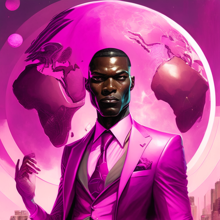 a confident black man in a pink suit holding a planet-shaped as Africa, with cyborg features and detailed face, conjuring pink kinetic and energy auras, with a portal to a pink pyramid city in the background